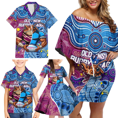 Custom Blues Cockroaches And Maroons Cane Toads Family Matching Off Shoulder Short Dress and Hawaiian Shirt State of Origin Aboriginal