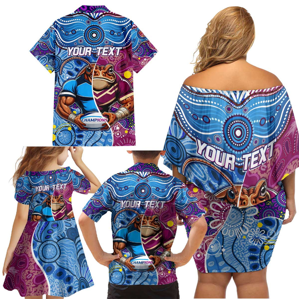 Custom Blues Cockroaches And Maroons Cane Toads Family Matching Off Shoulder Short Dress and Hawaiian Shirt State of Origin Aboriginal
