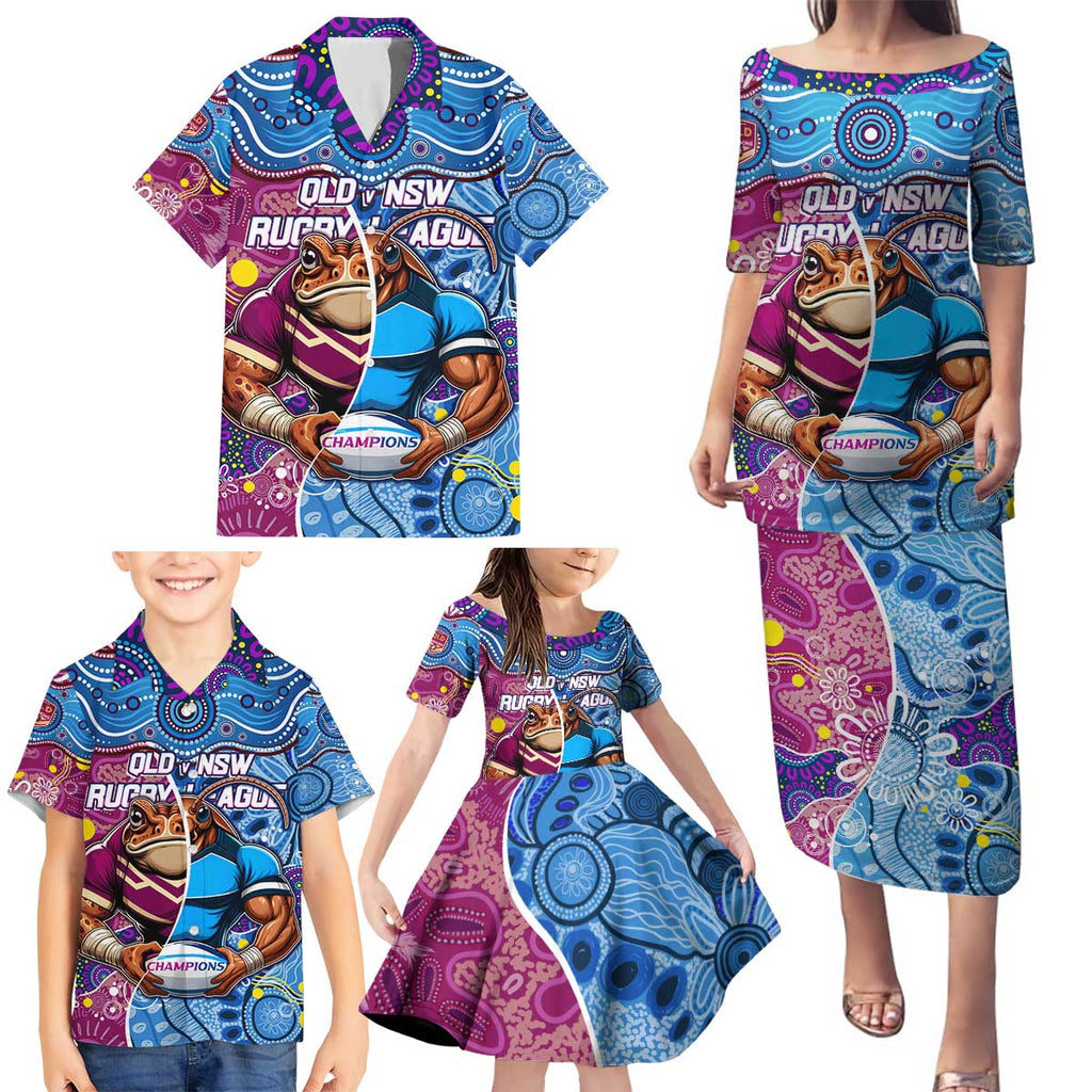 Custom Blues Cockroaches And Maroons Cane Toads Family Matching Puletasi and Hawaiian Shirt State of Origin Aboriginal