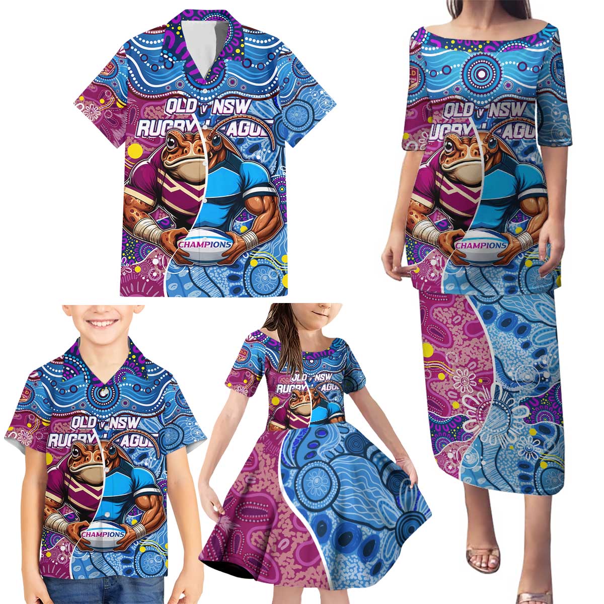 Custom Blues Cockroaches And Maroons Cane Toads Family Matching Puletasi and Hawaiian Shirt State of Origin Aboriginal