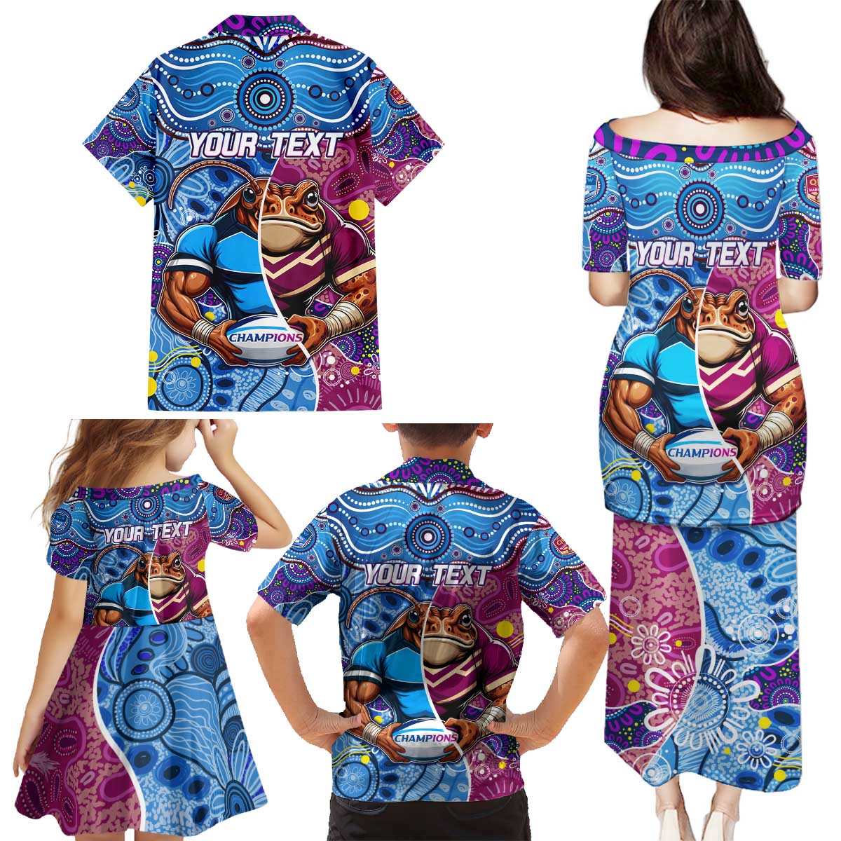Custom Blues Cockroaches And Maroons Cane Toads Family Matching Puletasi and Hawaiian Shirt State of Origin Aboriginal