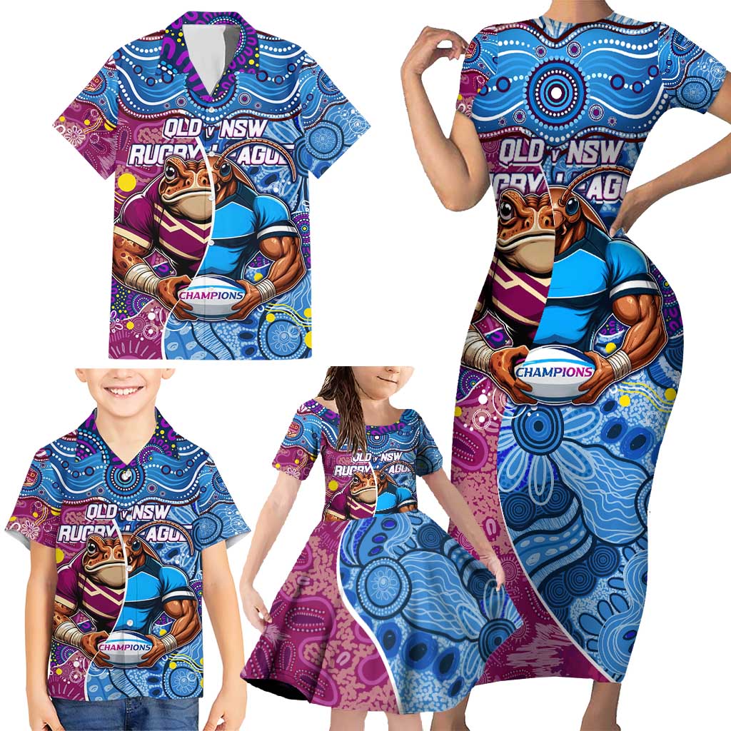 Custom Blues Cockroaches And Maroons Cane Toads Family Matching Short Sleeve Bodycon Dress and Hawaiian Shirt State of Origin Aboriginal