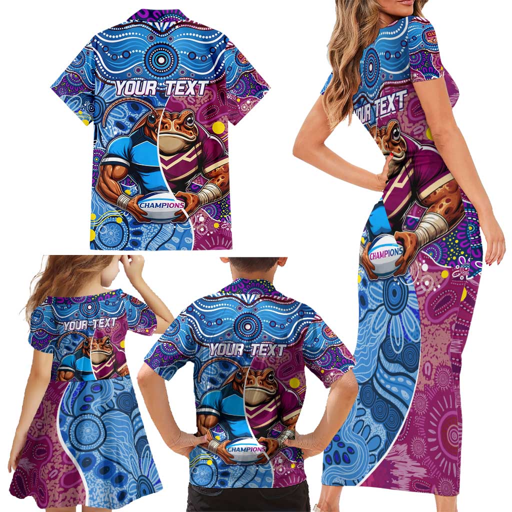 Custom Blues Cockroaches And Maroons Cane Toads Family Matching Short Sleeve Bodycon Dress and Hawaiian Shirt State of Origin Aboriginal