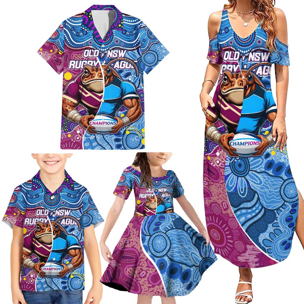 Custom Blues Cockroaches And Maroons Cane Toads Family Matching Summer Maxi Dress and Hawaiian Shirt State of Origin Aboriginal