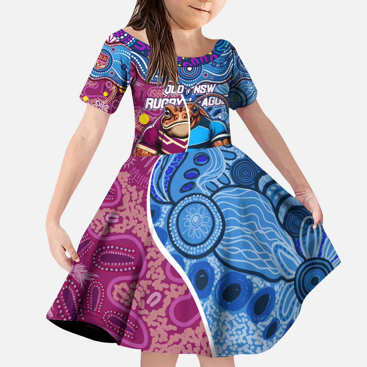 Custom Blues Cockroaches And Maroons Cane Toads Kid Short Sleeve Dress State of Origin Aboriginal