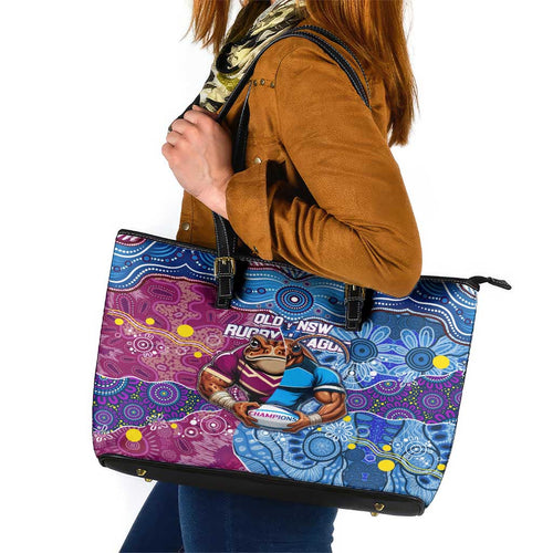 Blues Cockroaches And Maroons Cane Toads Leather Tote Bag State of Origin Aboriginal