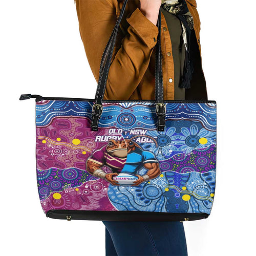 Blues Cockroaches And Maroons Cane Toads Leather Tote Bag State of Origin Aboriginal