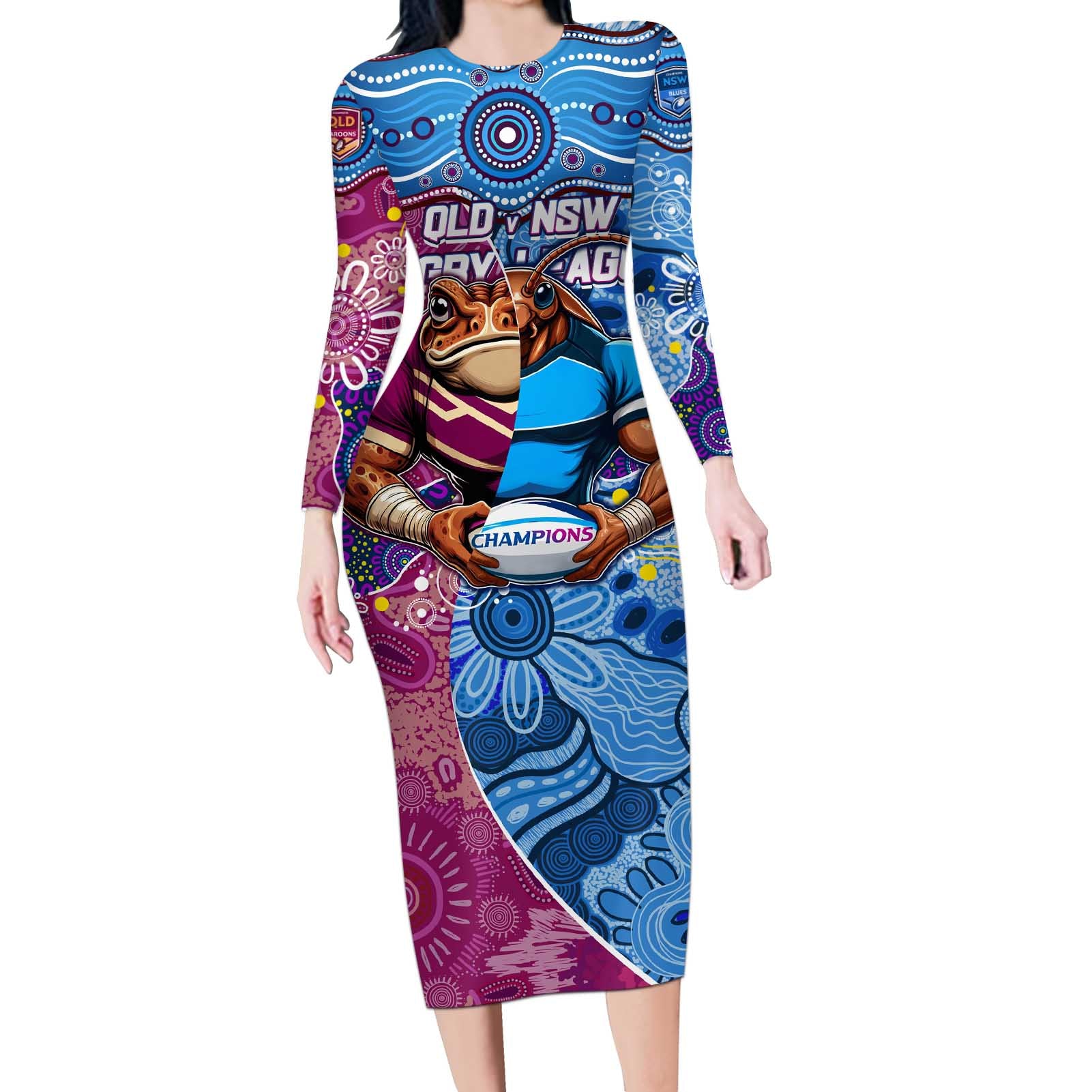 Custom Blues Cockroaches And Maroons Cane Toads Long Sleeve Bodycon Dress State of Origin Aboriginal