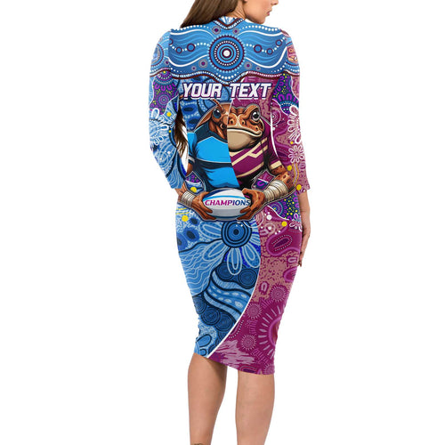 Custom Blues Cockroaches And Maroons Cane Toads Long Sleeve Bodycon Dress State of Origin Aboriginal