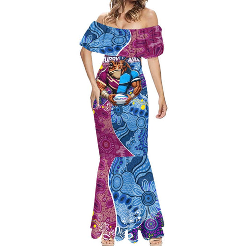 Custom Blues Cockroaches And Maroons Cane Toads Mermaid Dress State of Origin Aboriginal
