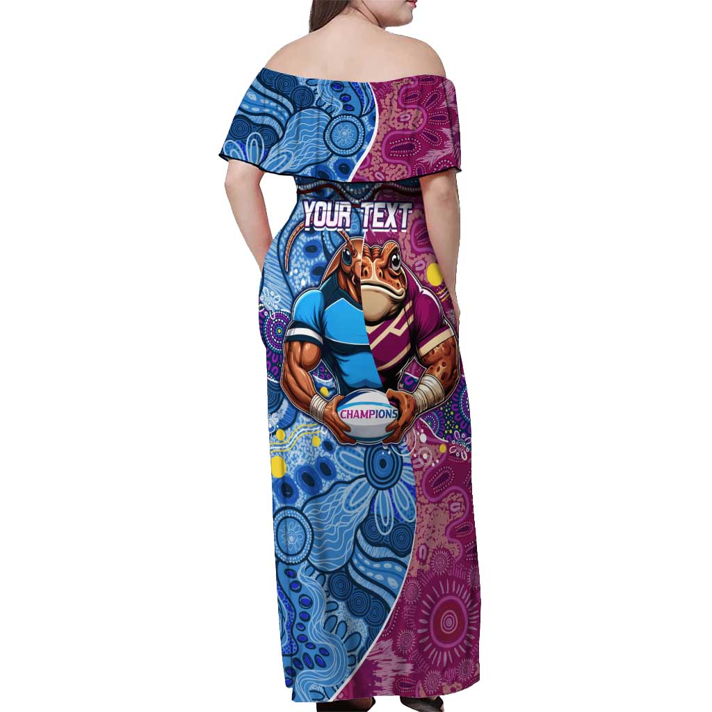 Custom Blues Cockroaches And Maroons Cane Toads Off Shoulder Maxi Dress State of Origin Aboriginal