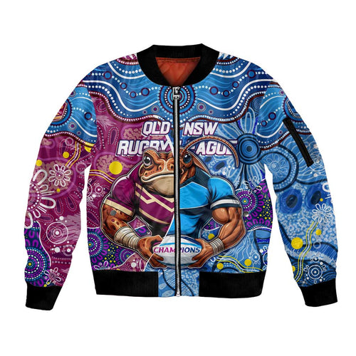 Custom Blues Cockroaches And Maroons Cane Toads Sleeve Zip Bomber Jacket State of Origin Aboriginal