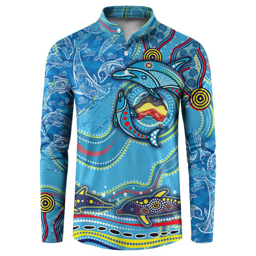 Dolphins Aboriginal Art Map Flag Australia Button Sweatshirt
