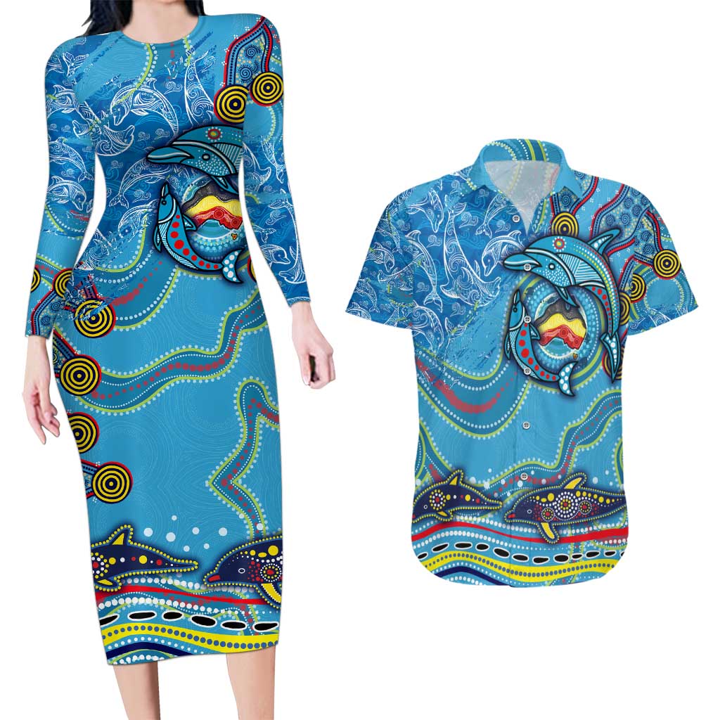 Dolphins Aboriginal Art Map Flag Australia Couples Matching Long Sleeve Bodycon Dress and Hawaiian Shirt