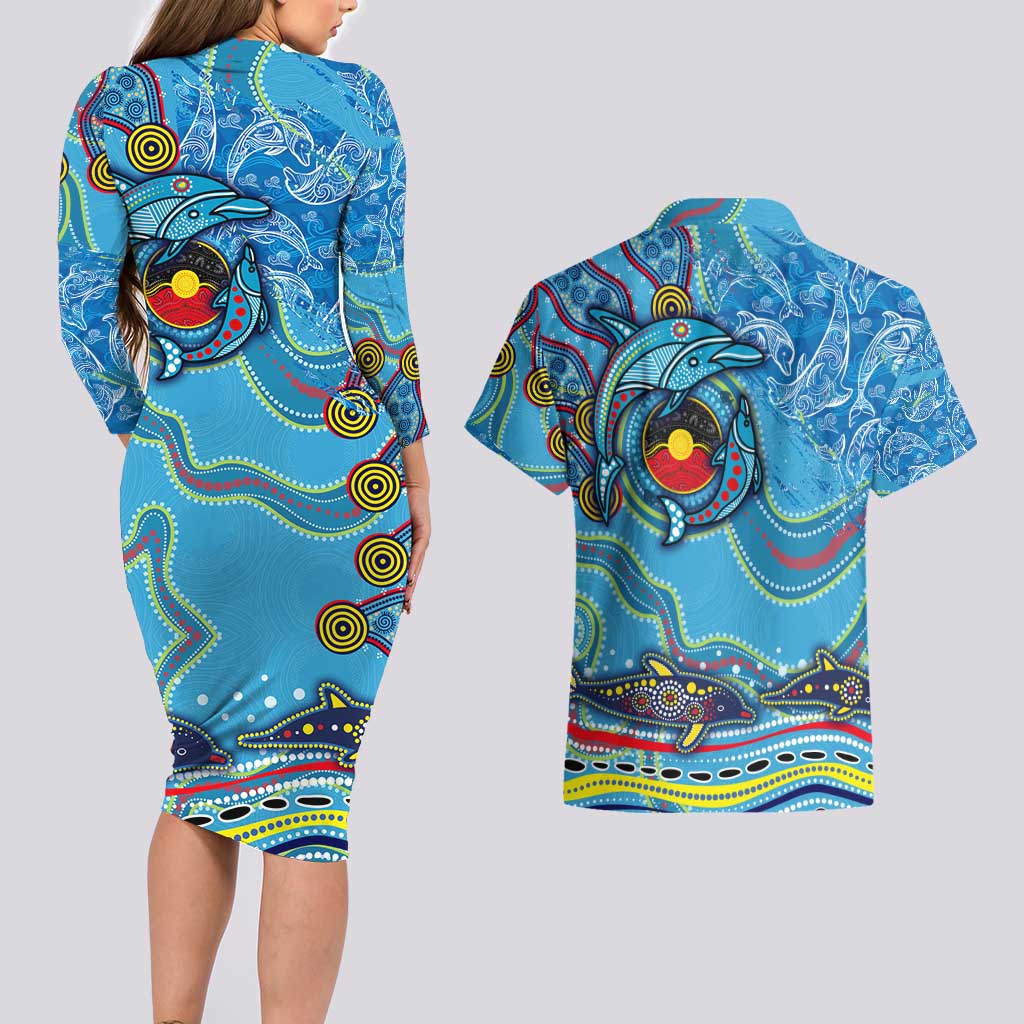 Dolphins Aboriginal Art Map Flag Australia Couples Matching Long Sleeve Bodycon Dress and Hawaiian Shirt