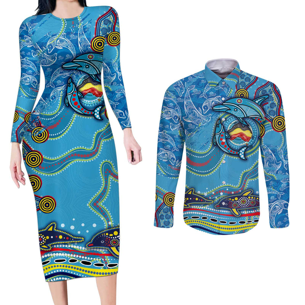 Dolphins Aboriginal Art Map Flag Australia Couples Matching Long Sleeve Bodycon Dress and Long Sleeve Button Shirt
