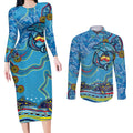 Dolphins Aboriginal Art Map Flag Australia Couples Matching Long Sleeve Bodycon Dress and Long Sleeve Button Shirt