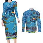 Dolphins Aboriginal Art Map Flag Australia Couples Matching Long Sleeve Bodycon Dress and Long Sleeve Button Shirt