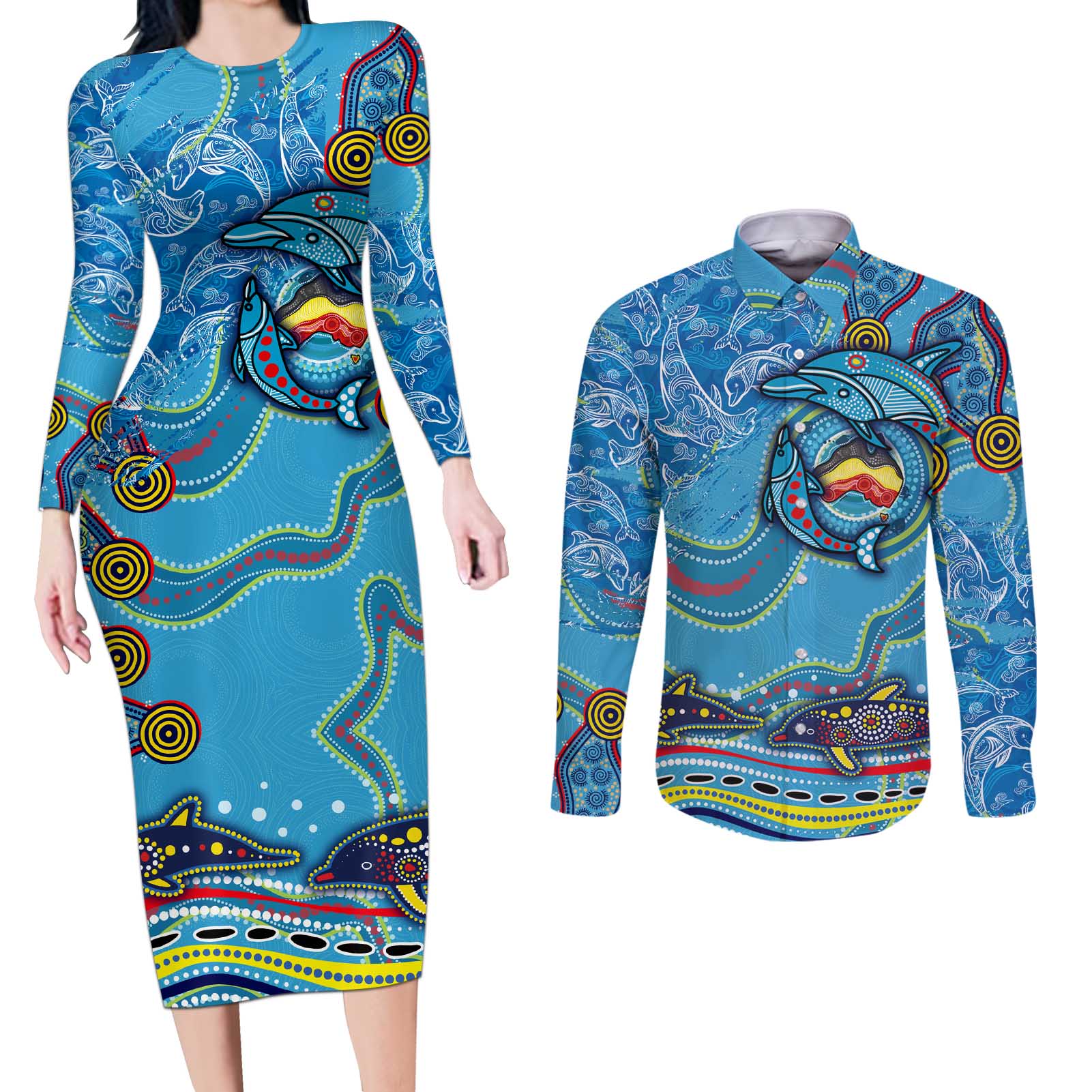 Dolphins Aboriginal Art Map Flag Australia Couples Matching Long Sleeve Bodycon Dress and Long Sleeve Button Shirt