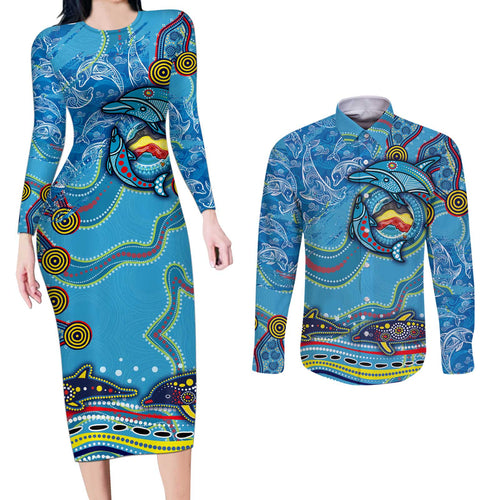 Dolphins Aboriginal Art Map Flag Australia Couples Matching Long Sleeve Bodycon Dress and Long Sleeve Button Shirt