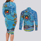 Dolphins Aboriginal Art Map Flag Australia Couples Matching Long Sleeve Bodycon Dress and Long Sleeve Button Shirt