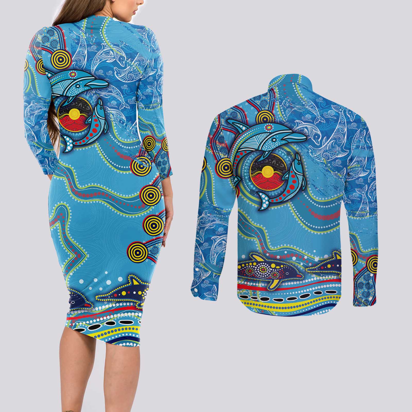 Dolphins Aboriginal Art Map Flag Australia Couples Matching Long Sleeve Bodycon Dress and Long Sleeve Button Shirt
