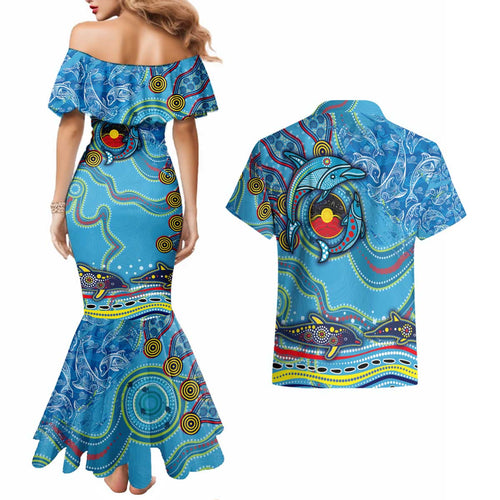 Dolphins Aboriginal Art Map Flag Australia Couples Matching Mermaid Dress and Hawaiian Shirt