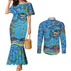 Dolphins Aboriginal Art Map Flag Australia Couples Matching Mermaid Dress and Long Sleeve Button Shirt