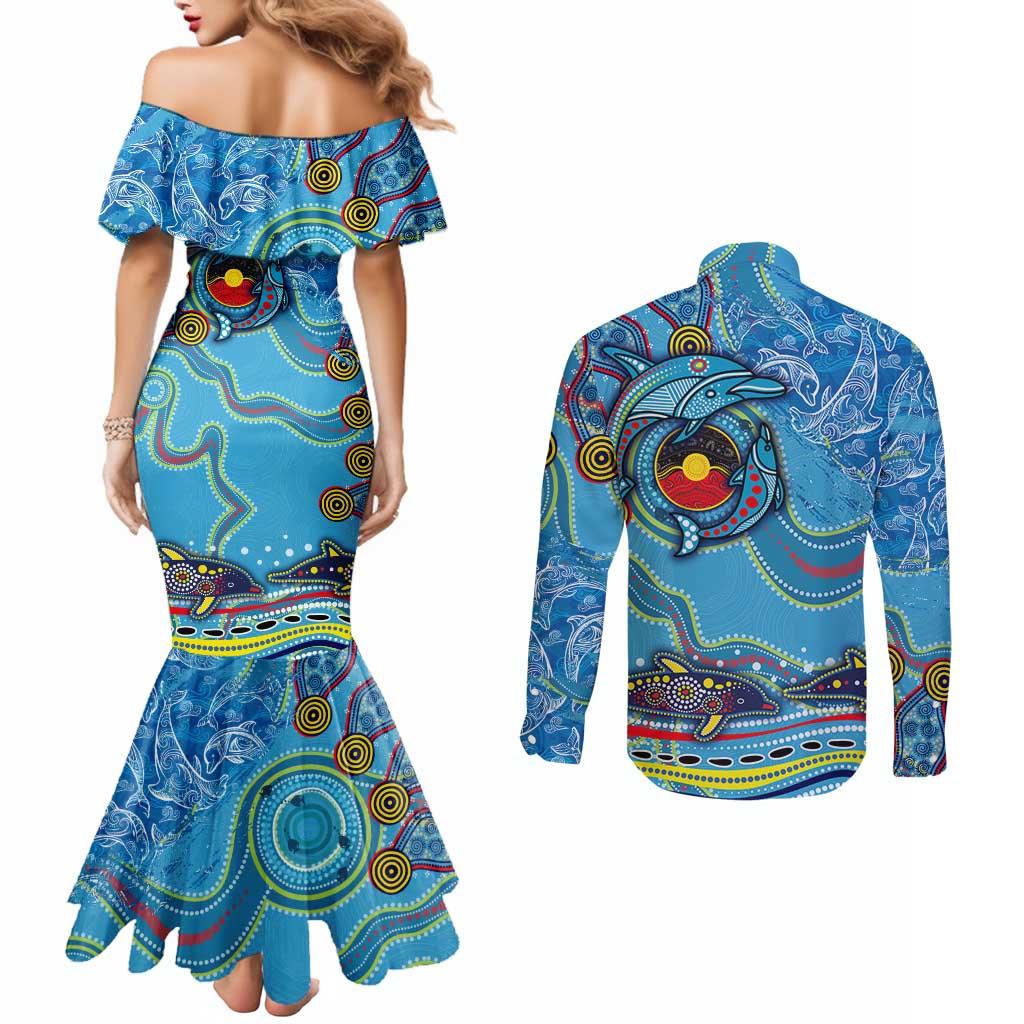 Dolphins Aboriginal Art Map Flag Australia Couples Matching Mermaid Dress and Long Sleeve Button Shirt
