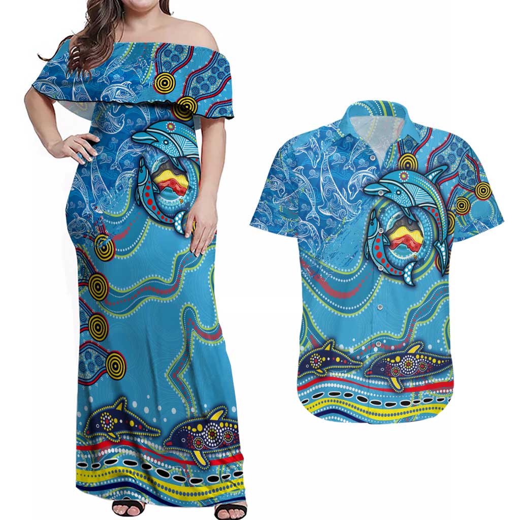 Dolphins Aboriginal Art Map Flag Australia Couples Matching Off Shoulder Maxi Dress and Hawaiian Shirt