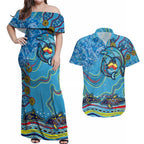 Dolphins Aboriginal Art Map Flag Australia Couples Matching Off Shoulder Maxi Dress and Hawaiian Shirt