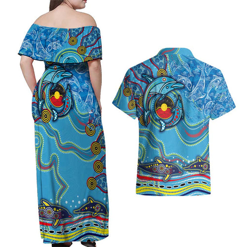 Dolphins Aboriginal Art Map Flag Australia Couples Matching Off Shoulder Maxi Dress and Hawaiian Shirt