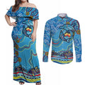 Dolphins Aboriginal Art Map Flag Australia Couples Matching Off Shoulder Maxi Dress and Long Sleeve Button Shirt
