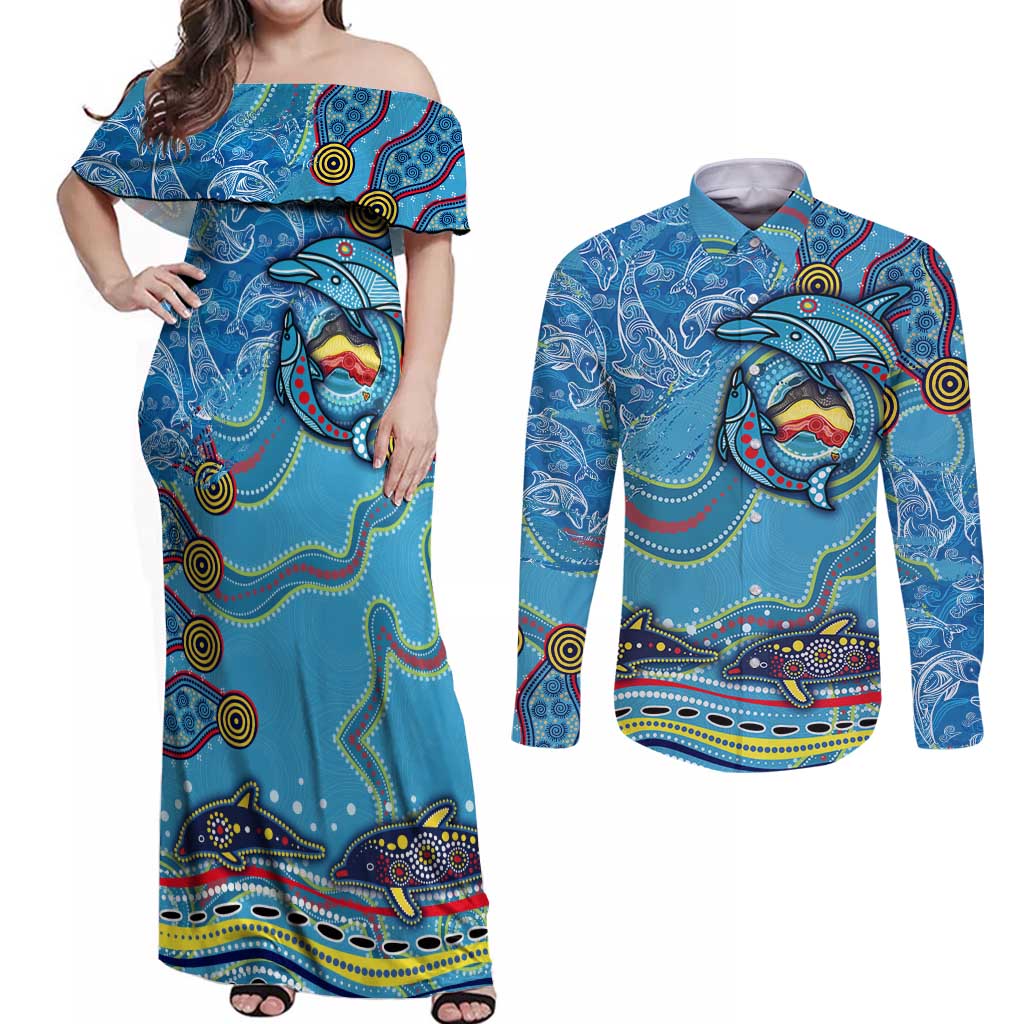 Dolphins Aboriginal Art Map Flag Australia Couples Matching Off Shoulder Maxi Dress and Long Sleeve Button Shirt