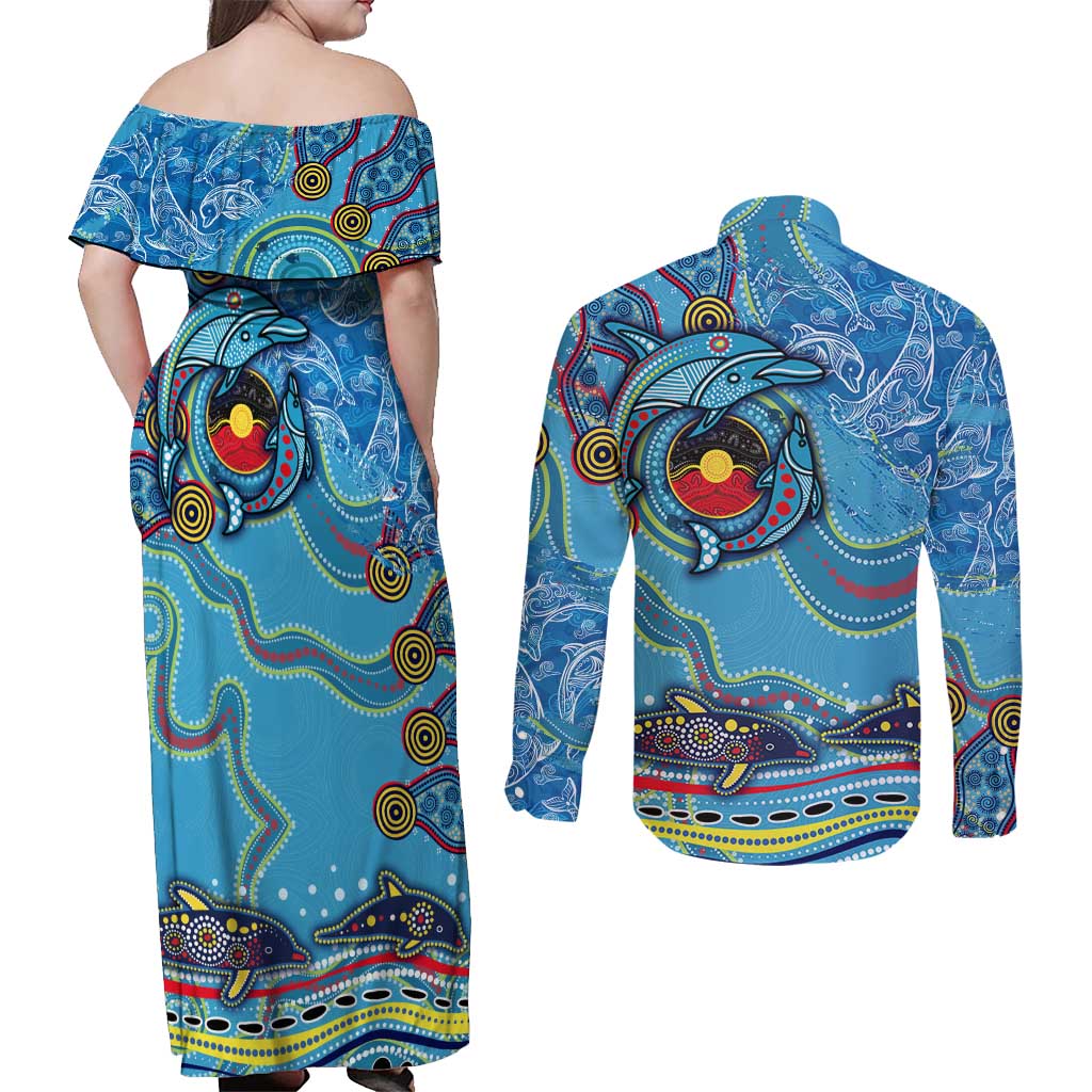 Dolphins Aboriginal Art Map Flag Australia Couples Matching Off Shoulder Maxi Dress and Long Sleeve Button Shirt