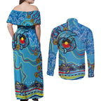 Dolphins Aboriginal Art Map Flag Australia Couples Matching Off Shoulder Maxi Dress and Long Sleeve Button Shirt