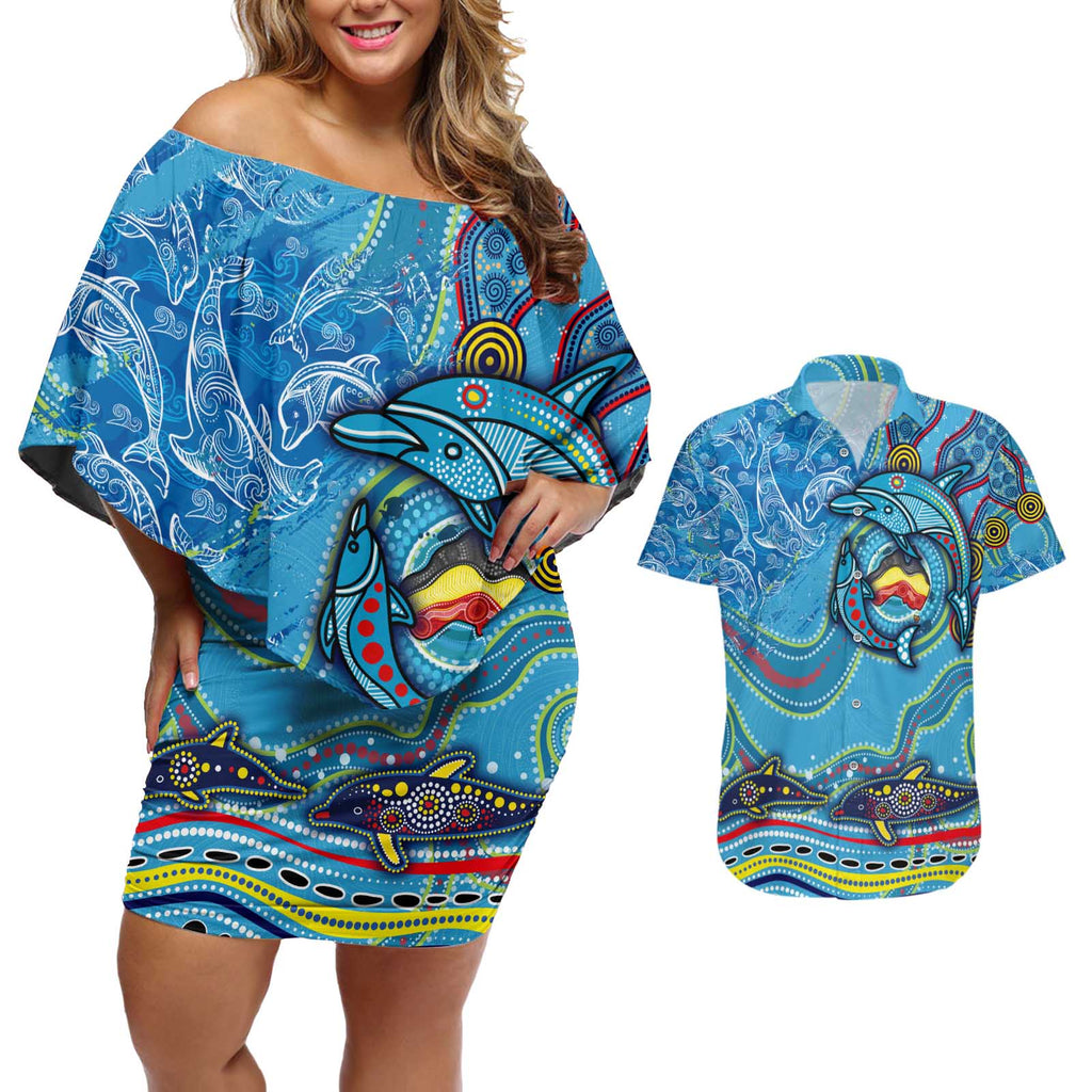 Dolphins Aboriginal Art Map Flag Australia Couples Matching Off Shoulder Short Dress and Hawaiian Shirt