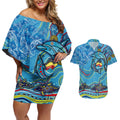 Dolphins Aboriginal Art Map Flag Australia Couples Matching Off Shoulder Short Dress and Hawaiian Shirt