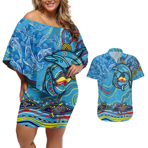 Dolphins Aboriginal Art Map Flag Australia Couples Matching Off Shoulder Short Dress and Hawaiian Shirt
