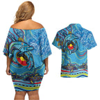 Dolphins Aboriginal Art Map Flag Australia Couples Matching Off Shoulder Short Dress and Hawaiian Shirt