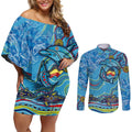 Dolphins Aboriginal Art Map Flag Australia Couples Matching Off Shoulder Short Dress and Long Sleeve Button Shirt