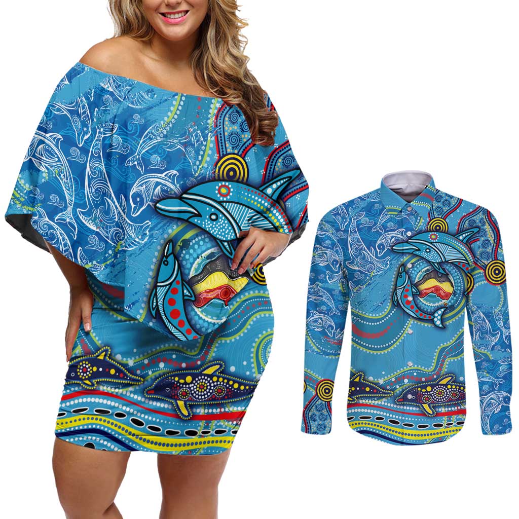 Dolphins Aboriginal Art Map Flag Australia Couples Matching Off Shoulder Short Dress and Long Sleeve Button Shirt