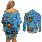 Dolphins Aboriginal Art Map Flag Australia Couples Matching Off Shoulder Short Dress and Long Sleeve Button Shirt