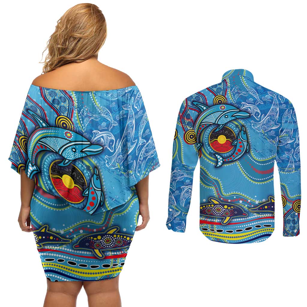 Dolphins Aboriginal Art Map Flag Australia Couples Matching Off Shoulder Short Dress and Long Sleeve Button Shirt