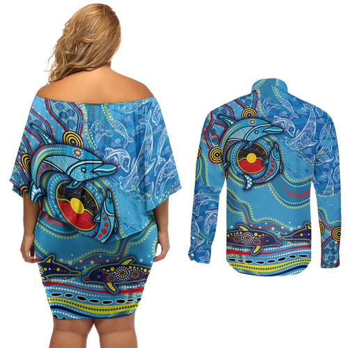 Dolphins Aboriginal Art Map Flag Australia Couples Matching Off Shoulder Short Dress and Long Sleeve Button Shirt