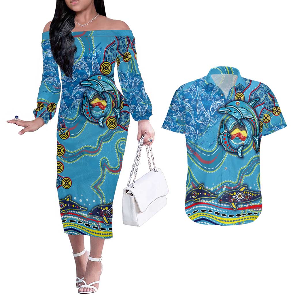 Dolphins Aboriginal Art Map Flag Australia Couples Matching Off The Shoulder Long Sleeve Dress and Hawaiian Shirt