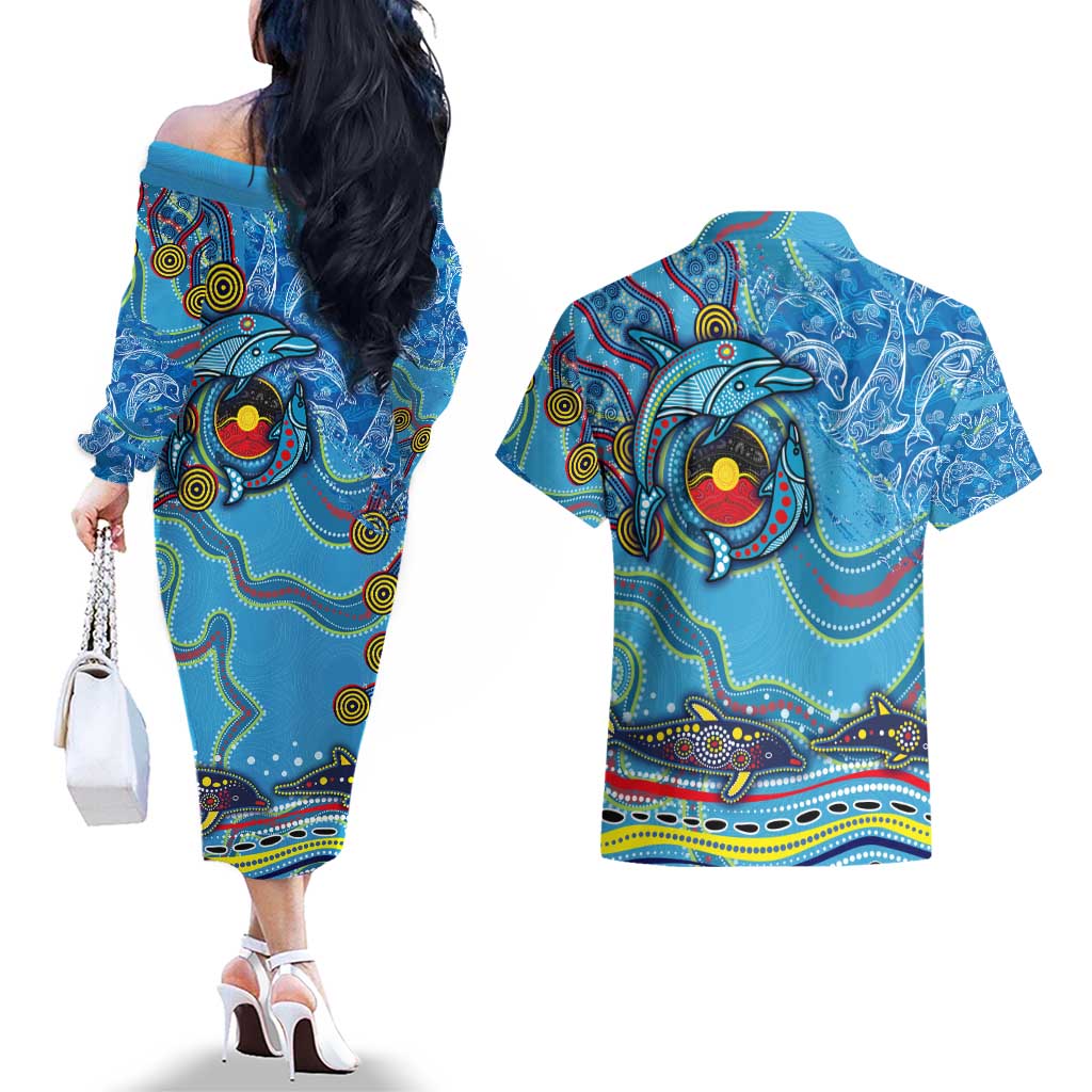 Dolphins Aboriginal Art Map Flag Australia Couples Matching Off The Shoulder Long Sleeve Dress and Hawaiian Shirt