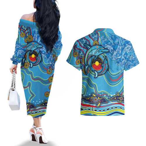 Dolphins Aboriginal Art Map Flag Australia Couples Matching Off The Shoulder Long Sleeve Dress and Hawaiian Shirt