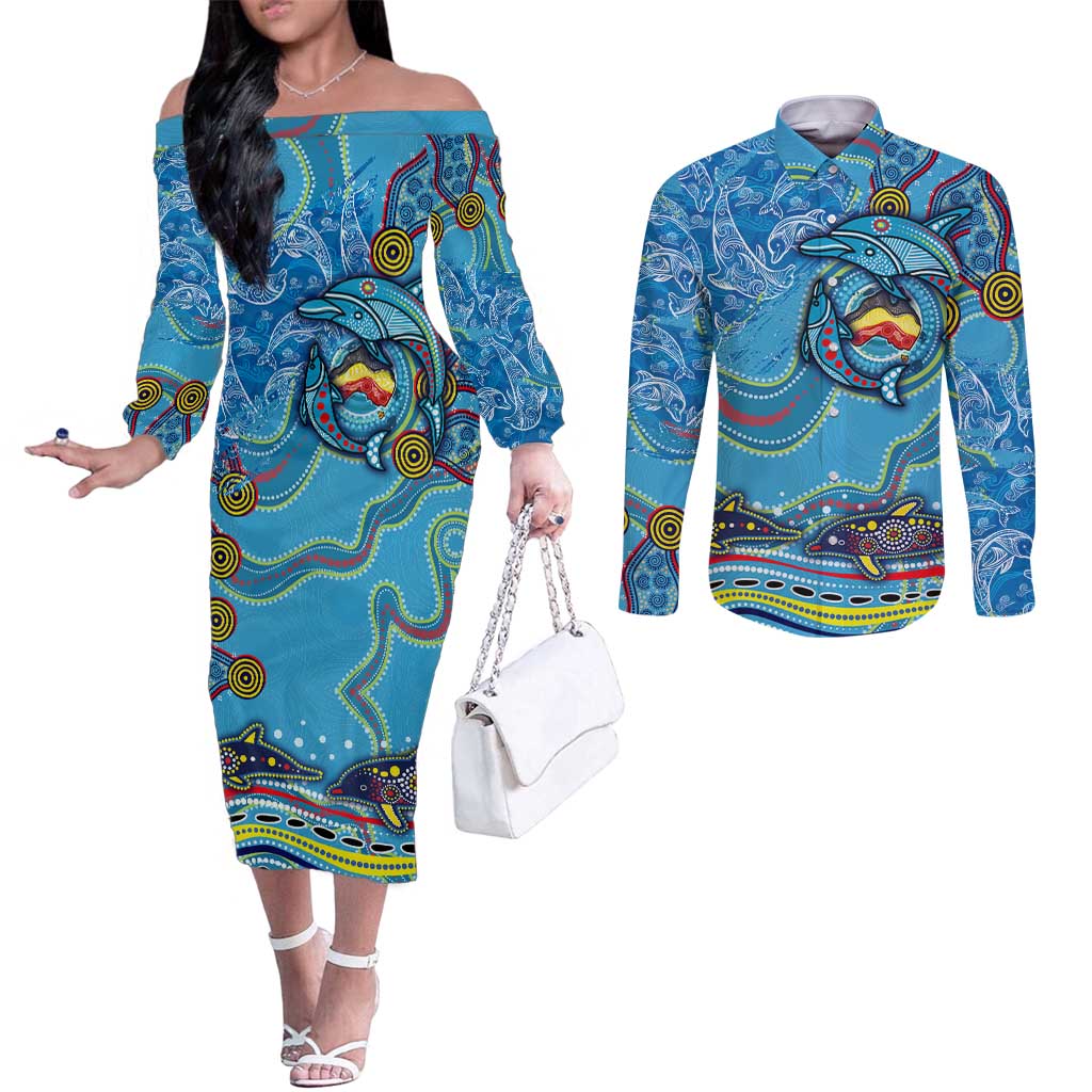 Dolphins Aboriginal Art Map Flag Australia Couples Matching Off The Shoulder Long Sleeve Dress and Long Sleeve Button Shirt