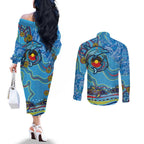 Dolphins Aboriginal Art Map Flag Australia Couples Matching Off The Shoulder Long Sleeve Dress and Long Sleeve Button Shirt